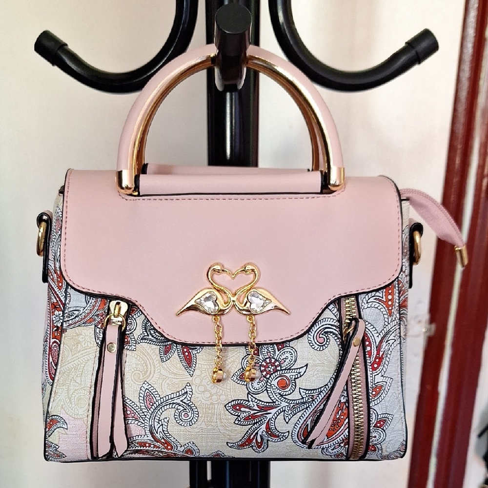 Chic Pink and Cream Satchel with Gold Accents